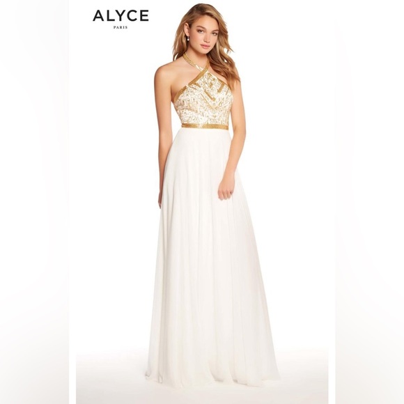 NWT Alyce Paris 60043 Gold Beaded Halter Chiffon Maxi Dress 6 Navy Prom Neutral - Picture 3 of 11